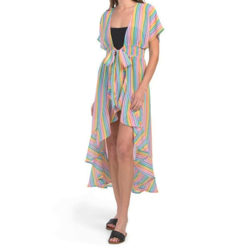NWT America & Beyond Rainbow Hi-low Hem Ruffle Trim Cover-up Dress
